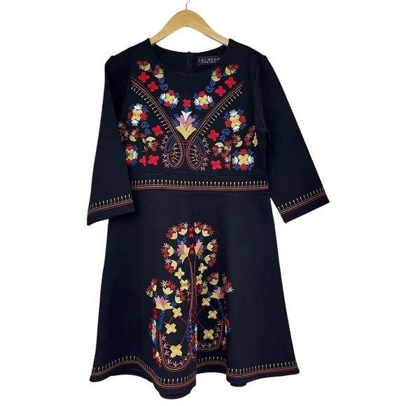 Lai Meng Five Cats Embroidered Floral Folk art Mini Dress Black Size XL NWT - Picture 1 of 14